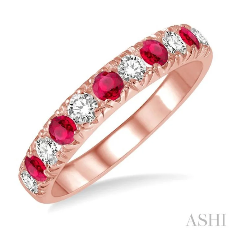 3/8 ctw Round Cut Diamond and 2.6MM Ruby Precious Wedding Band in 14K rose Gold