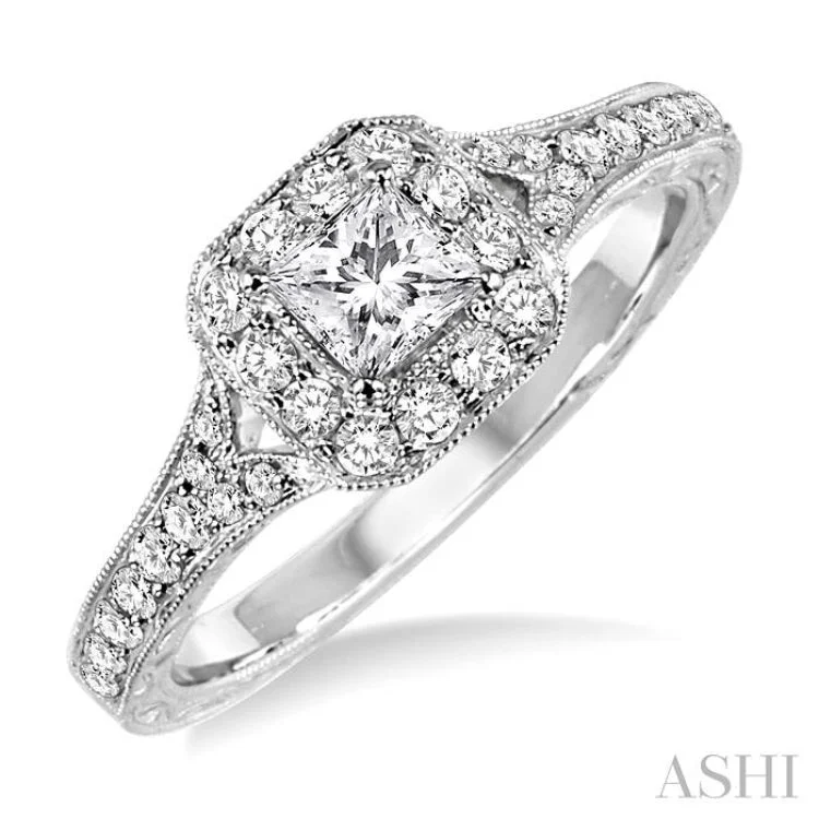 5/8 Ctw Diamond Engagement Ring with 1/4 Ct Princess Cut Center Stone in 14K White Gold