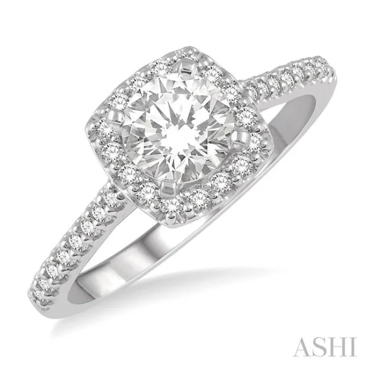 3/4 Ctw Diamond Ladies Engagement Ring with 1/2 Ct Round Cut Center Stone in 14K White Gold