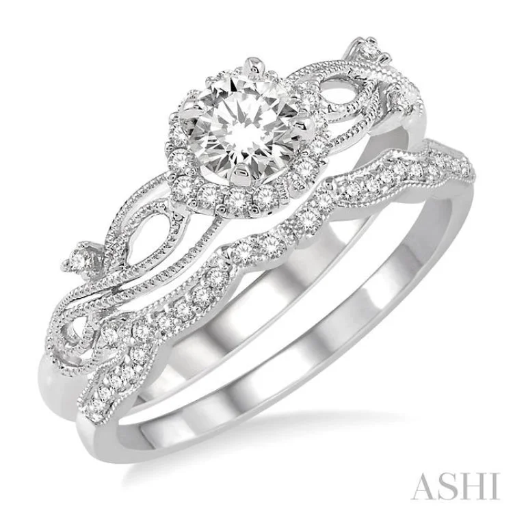 3/8 Ctw Diamond Wedding Set with 1/3 Ctw Round Cut Engagement Ring and 1/10 Ctw Wedding Band in 14K White Gold