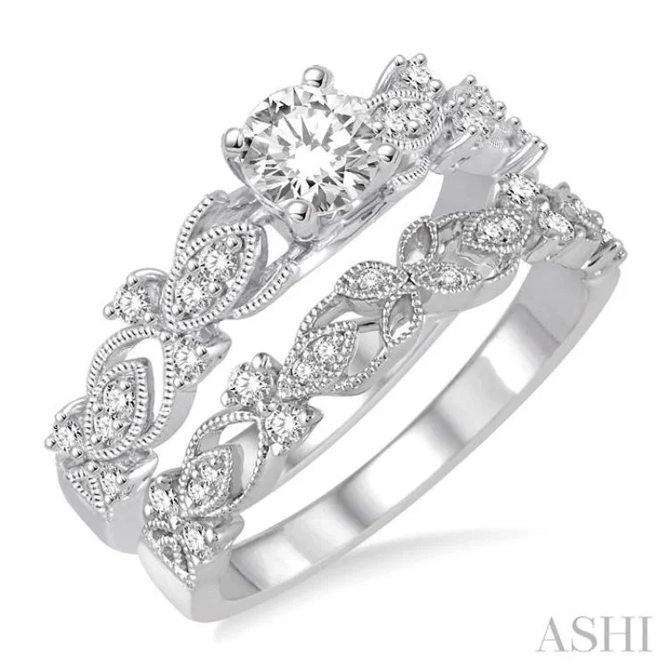 5/8 Ctw Diamond Wedding Set with 1/2 Ctw Round Cut Engagement Ring and 1/6 Ctw Wedding Band in 14K White Gold