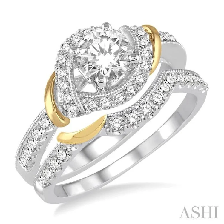 1 1/10 ctw Diamond Bridal Set with 3/4 Ctw Round Cut Engagement Ring and 1/4 Ctw Wedding Band in 14K White and Yellow Gold