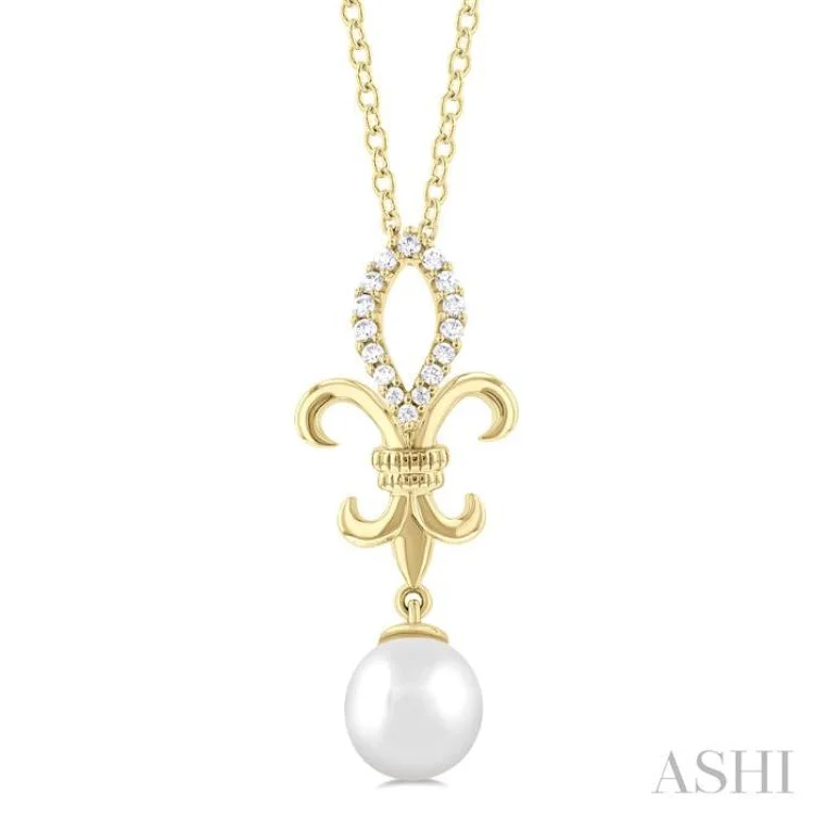 1/10 ctw Fleur De Lis 7X7 MM White Cultured Pearl and Round Cut Diamond Pendant With Chain in 10K Yellow Gold