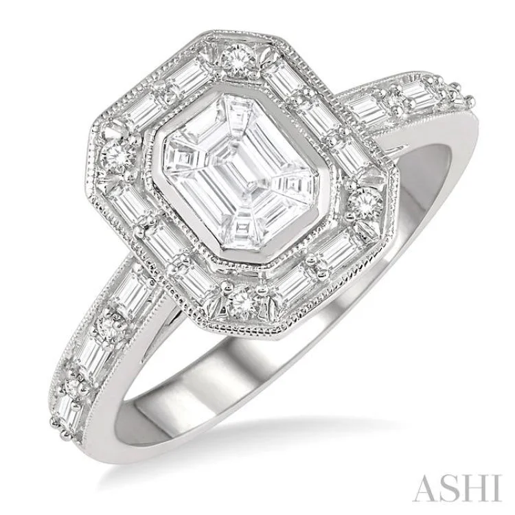 5/8 Ctw Fusion Emerald Cut, Baguette & Round Cut Diamond Ring in 14K White Gold