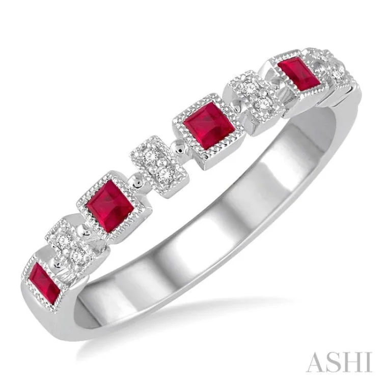 1/50 Ctw Round Diamond and 2.0mm Princess Shape Ruby Precious Stone Wedding Band in 14K White Gold