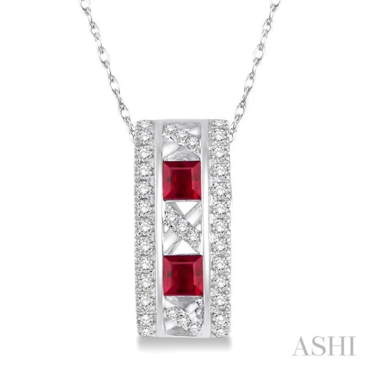 3x3 MM Princess Cut Ruby and 1/5 Ctw Round Cut Diamond Pendant in 14K White Gold with Chain