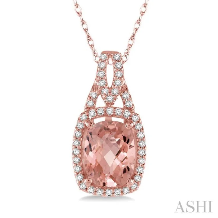 1/6 Ctw Round Cut Diamond and Cushion Shape 8x6 MM Morganite Center Semi Precious Pendant in 14K Rose Gold with chain