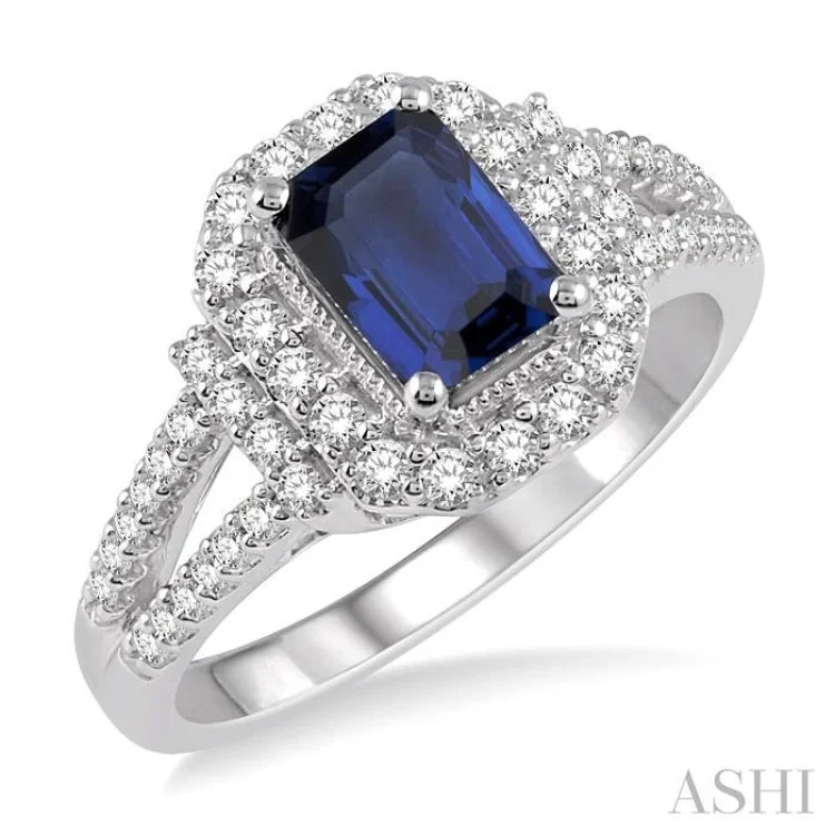 1/2 Ctw Octagon Shape 7x5mm Sapphire & Round Cut Diamond Precious Ring in 14K White Gold