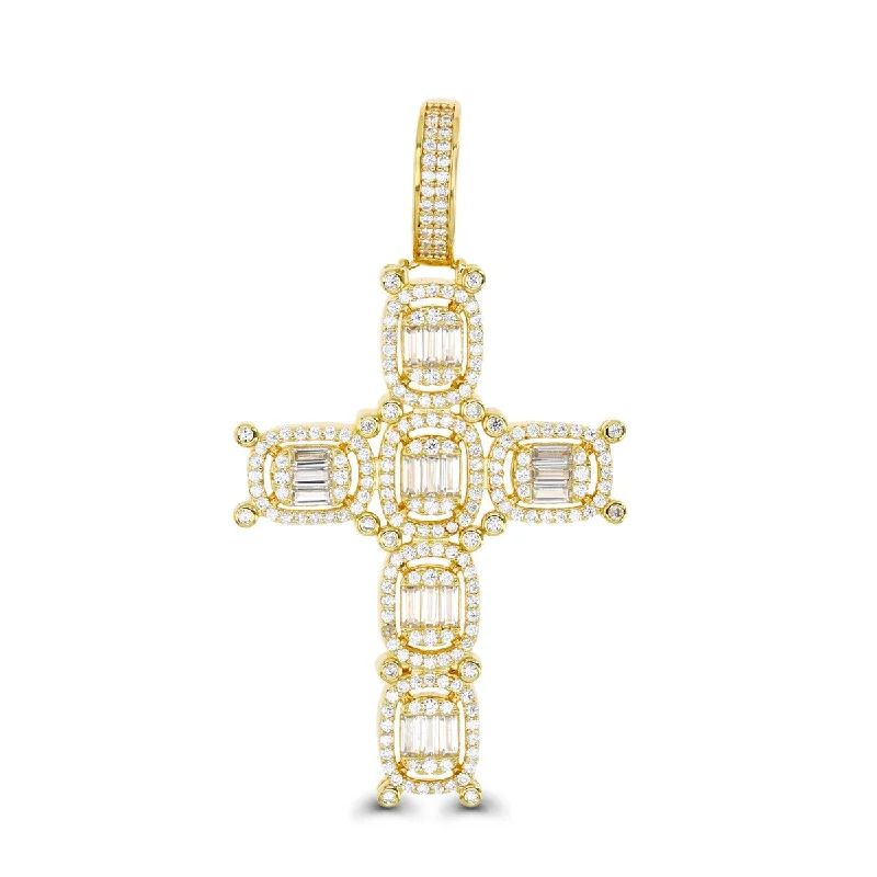 Luxe Layers 14KT Yellow Gold Plated Sterling Silver Baguette Cubic Zirconia 58X32MM Cross Pendant. Chain Not Included