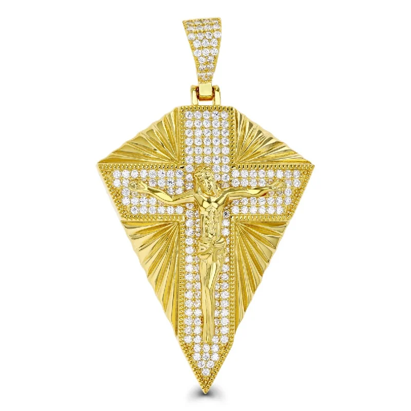 Luxe Layers 14KT Yellow Gold Plated Sterling Silver Cubic Zirconia 59X34MM Crucifix Cross Pendant. Chain Not Included