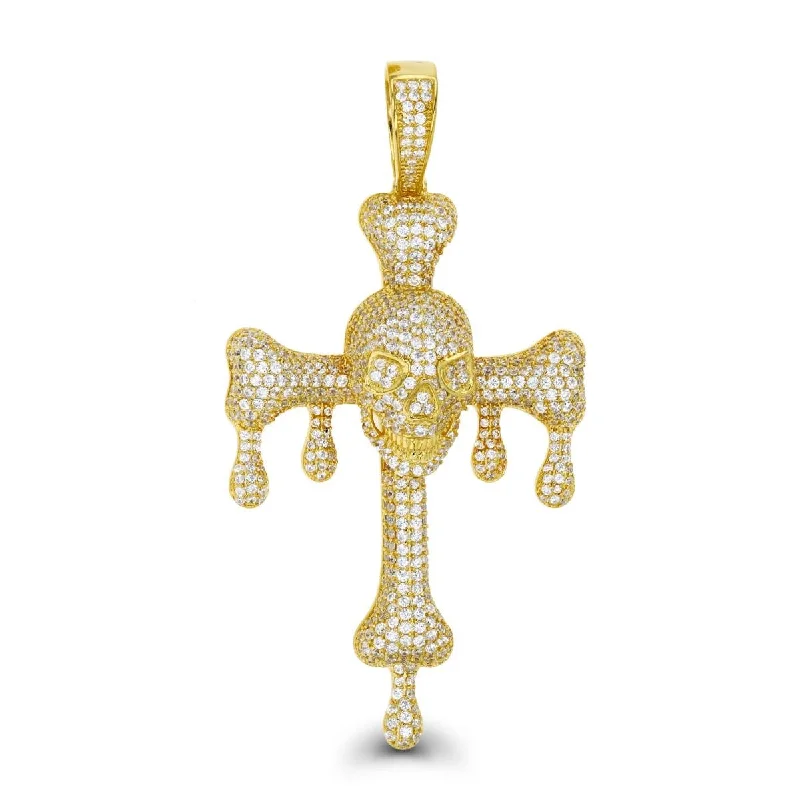 Luxe Layers 14KT Yellow Gold Plated Sterling Silver Cubic Zirconia 76X39MM Cross With Drips & Skull Pendant. Chain Not Included