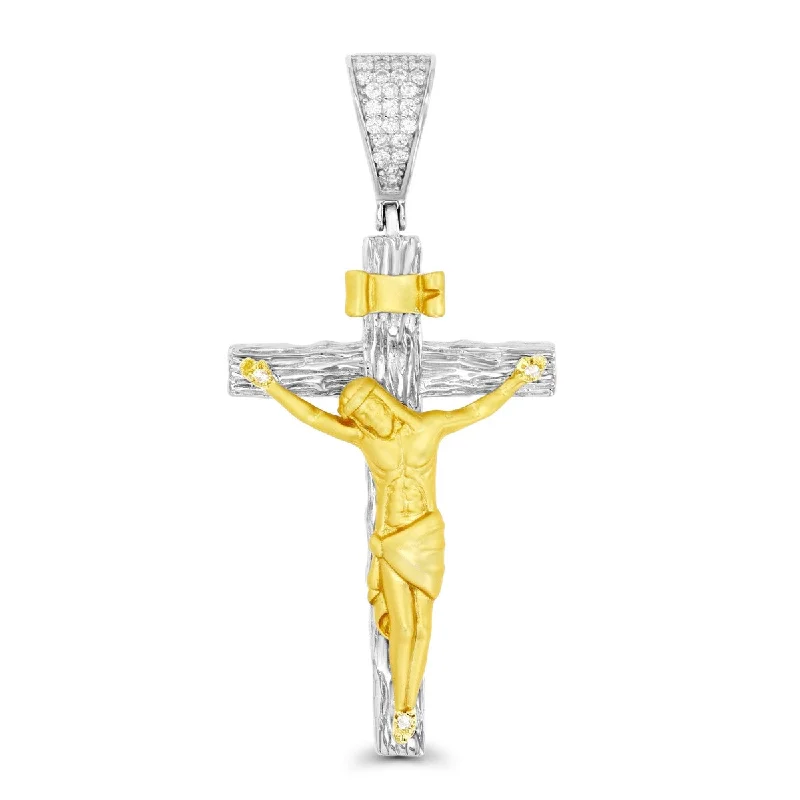 Luxe Layers Gold Plated Sterling Silver Cubic Zirconia 25X53MM Crucifix Cross Pendant. Chain Not Included