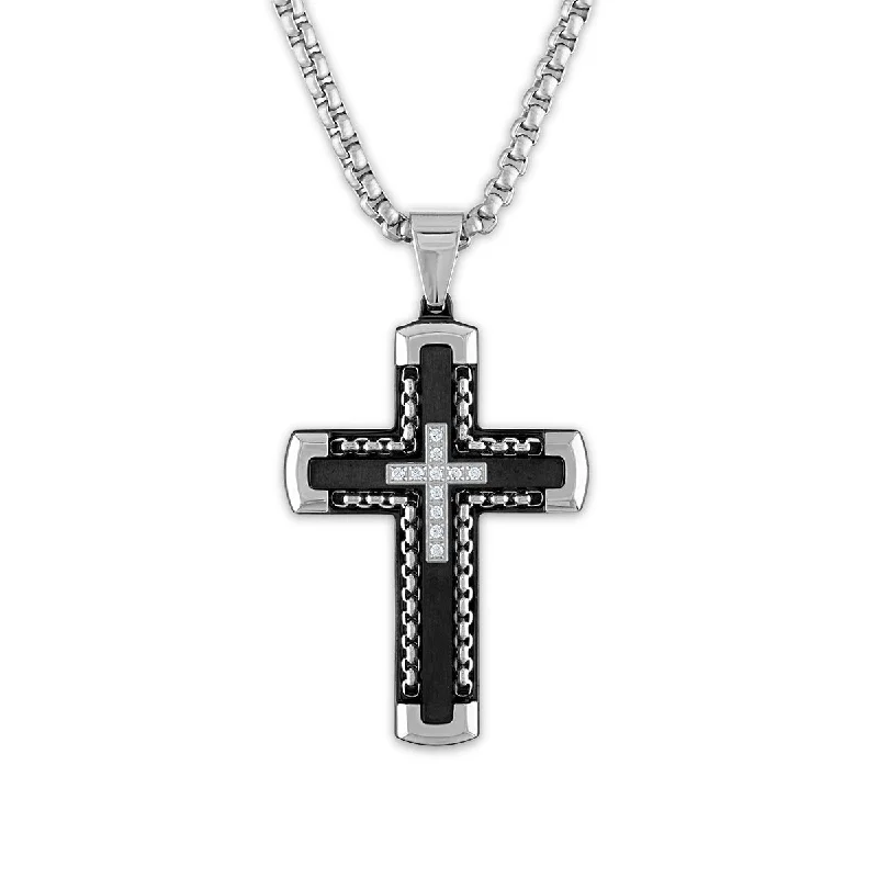 Luxe Layers Stainless Steel 1/8 CTW Diamond 30X52MM 24-inch Cross Pendant