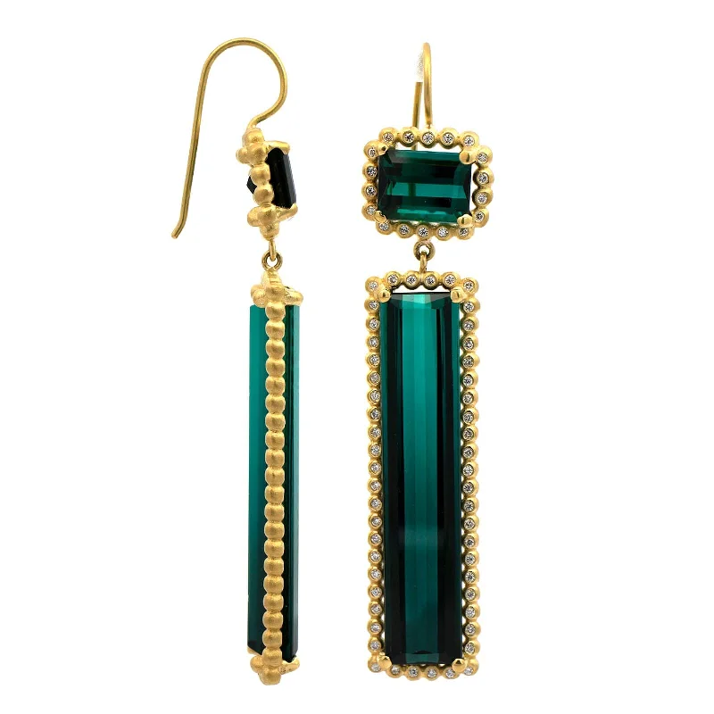 18K Yellow Gold Double Drop Tourmaline and Diamond Earrings