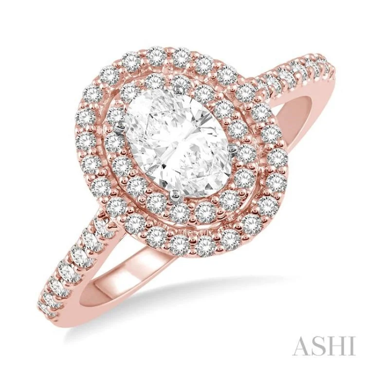 5/8 Ctw Oval Shape Semi-Mount Round Cut Diamond Engagement Ring in 14K Rose and White Gold