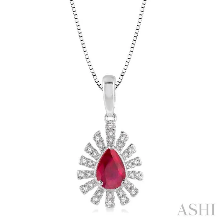 1/8 Ctw Bar Accent Pear Shape 6x4 MM Ruby & Round Cut Diamond Precious Pendant With Chain in 10K White Gold