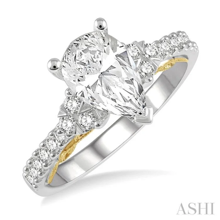 1/3 ctw Pear Shape Tri Mount Round Cut Diamond Semi-Mount Engagement Ring in 14K White and Yellow Gold