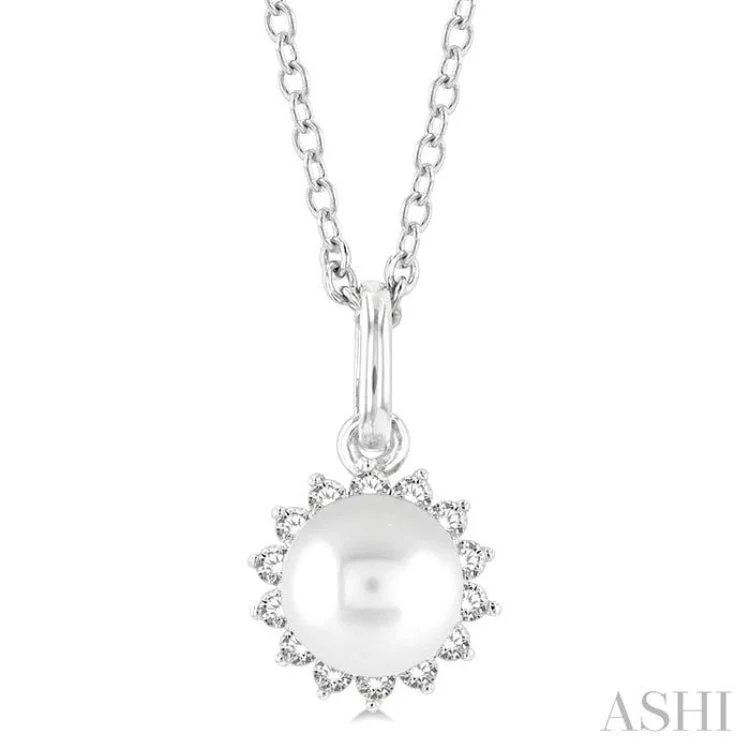 1/10 ctw Petite 6X6 MM Cultured Pearl and Round Cut Diamond Fashion Pendant With Chain in 10K White Gold