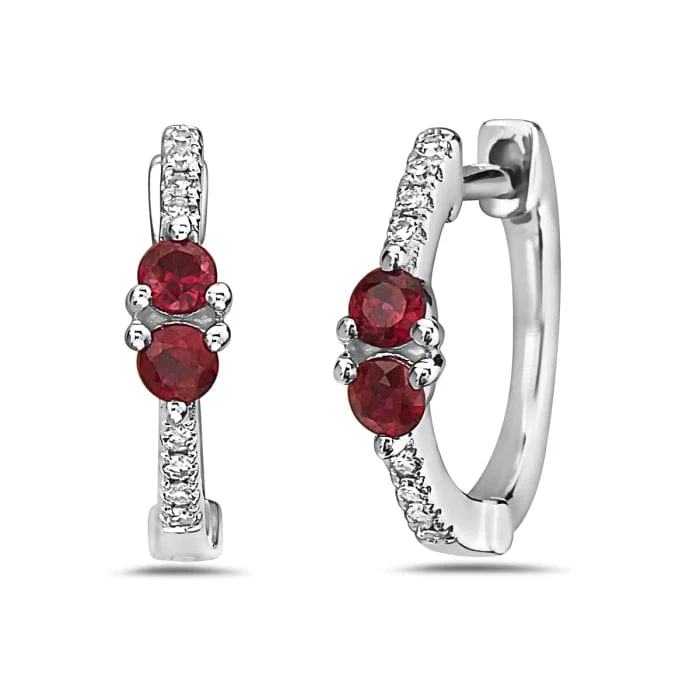 14K White Gold Diamond & Ruby Huggie Earrings