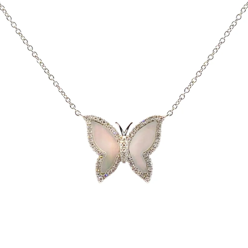 White Gold Mother of Pearl and Diamond Butterfly Necklace