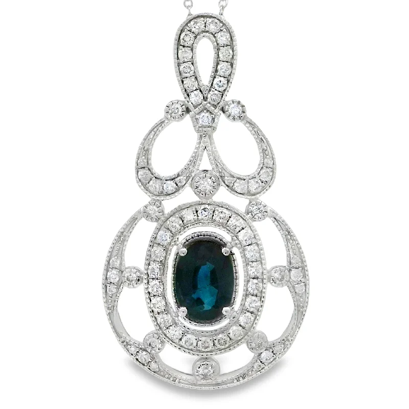 White Gold Sapphire and Diamond Halo Pendant