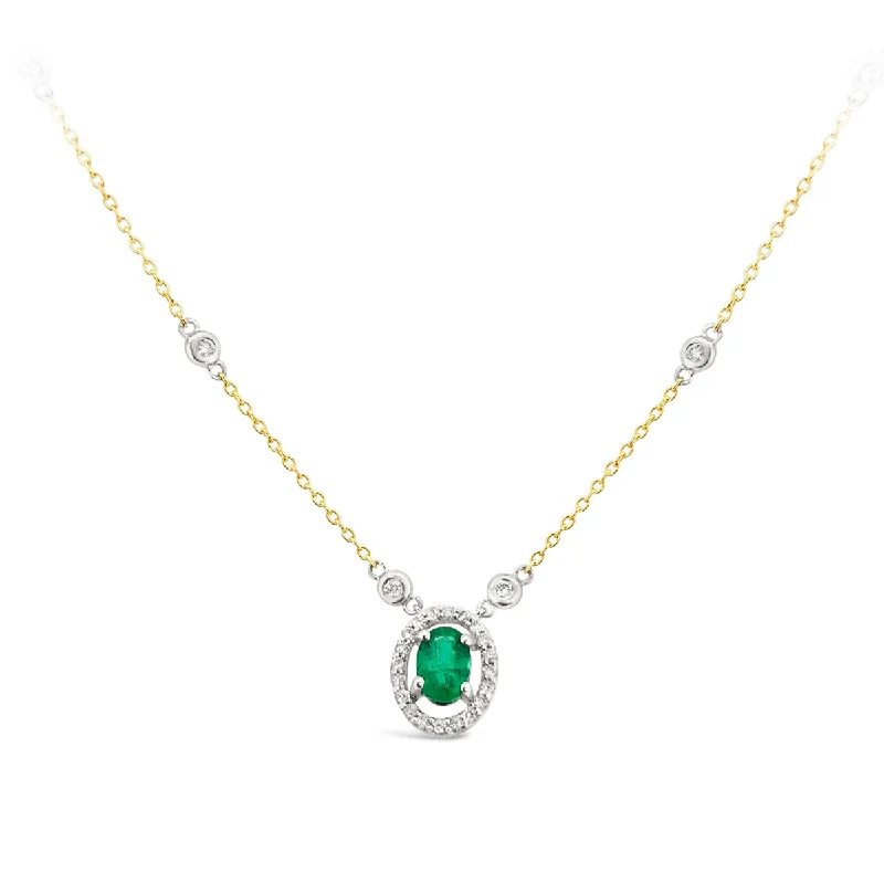 Yellow Gold Emerald and Diamond Halo Necklace