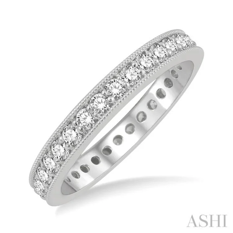 1 ctw Milgrain Bordered Round Cut Diamond Eternity Wedding Band in 14K White Gold