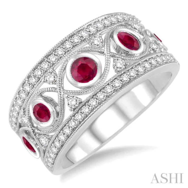 2.6 mm Round Cut Ruby and 1/2 Ctw Round Cut Diamond Band in 14K White Gold