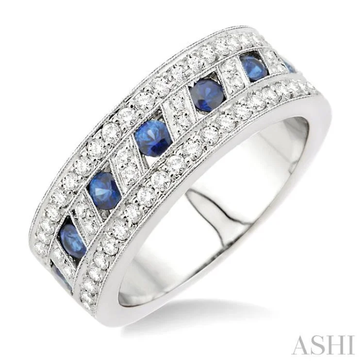 5/8 Ctw Round Cut Diamond and 2.6 mm Round Cut Sapphire Band in 18K White Gold