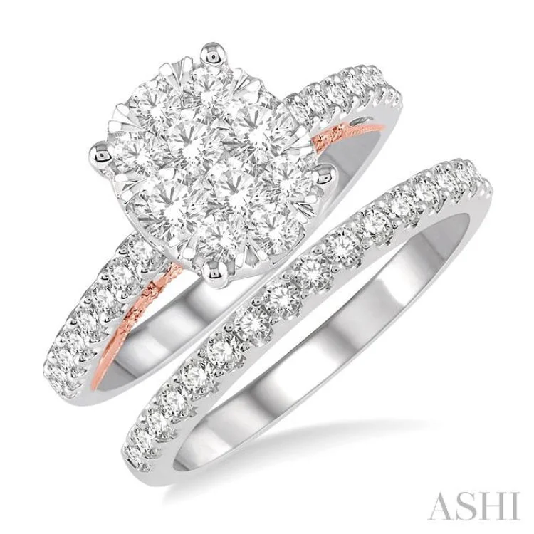 1 1/3 Ctw Lovebright Diamond Wedding Set With 1 Ctw Oval Shape Engagement Ring in 14K White and Rose Gold and 1/3 Ctw Wedding Band in 14K White