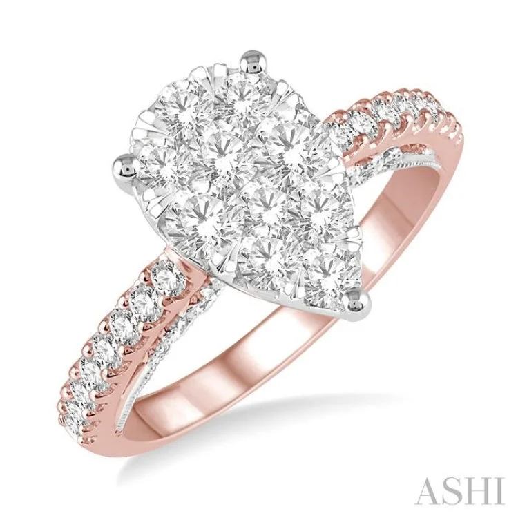 1 1/2 Ctw Pear Shape Round Cut Diamond Lovebright Ring in 14K Rose and White Gold