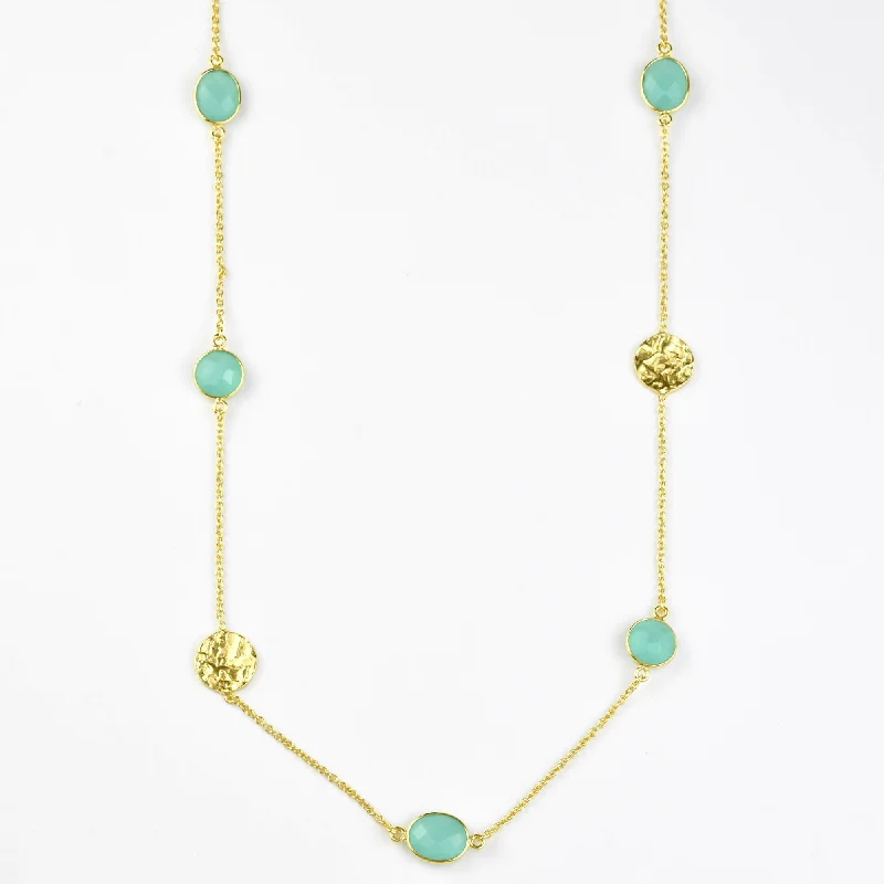 Aqua Chalcedony Long Necklace w/ Hammered Discs