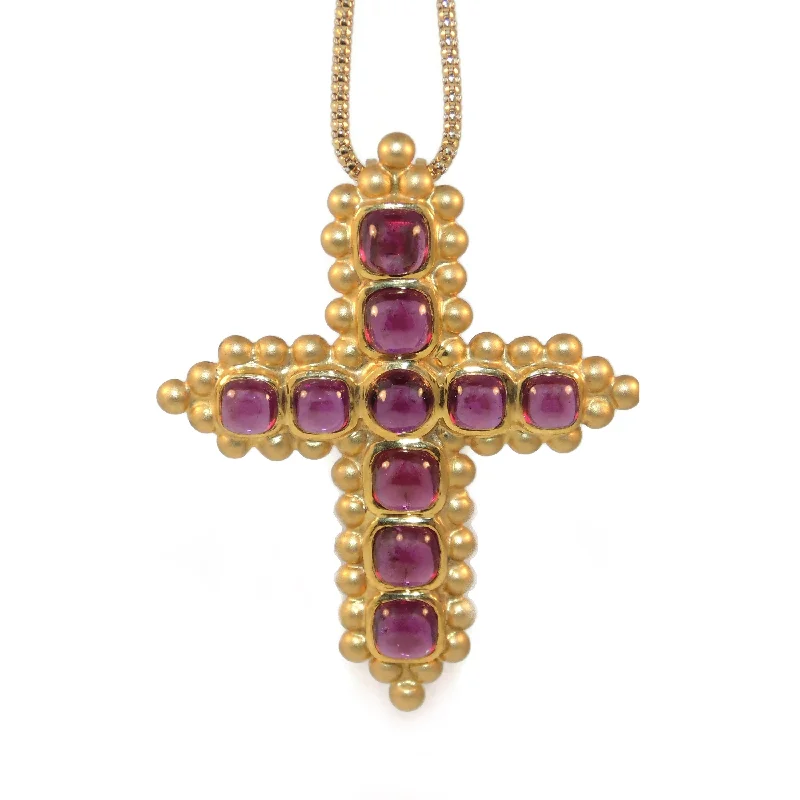 Fabulous Statement Rhodolite Cabochon Garnet Cross Pendant Necklace in 18k Yellow Gold