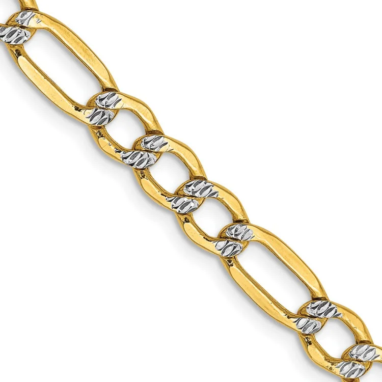 14K 24 inch 5.25mm Semi-Solid with Rhodium Pav� Figaro with Lobster Clasp Chain