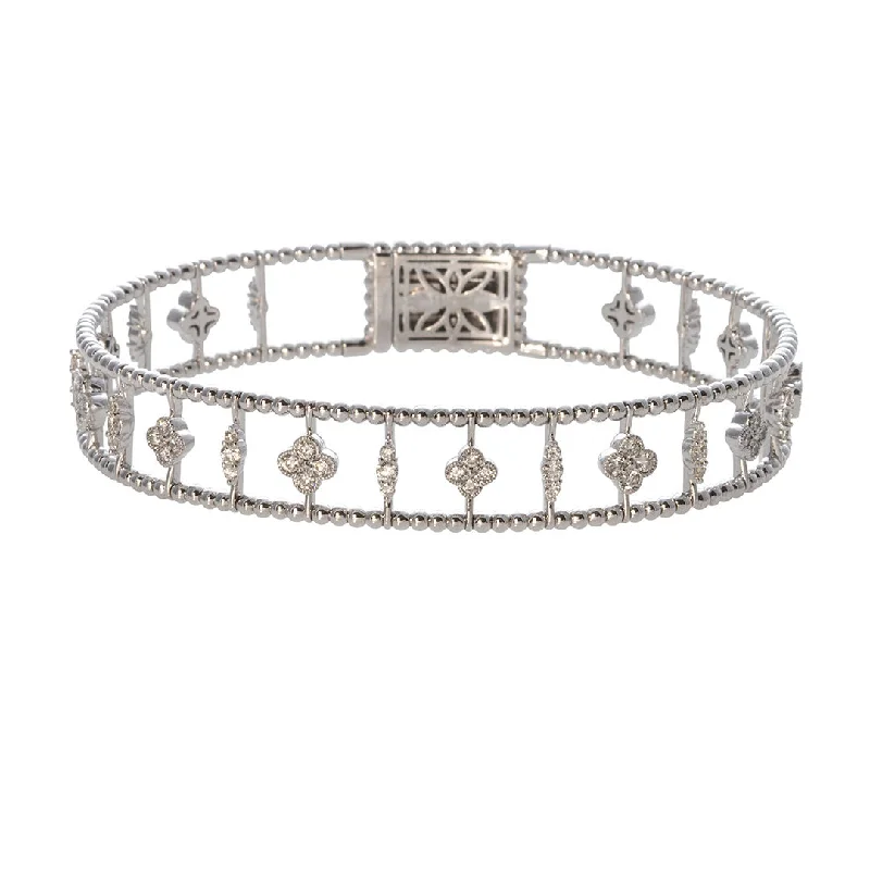 Diamond Quatrefoil 14K White Gold Beaded Cuff Bangle