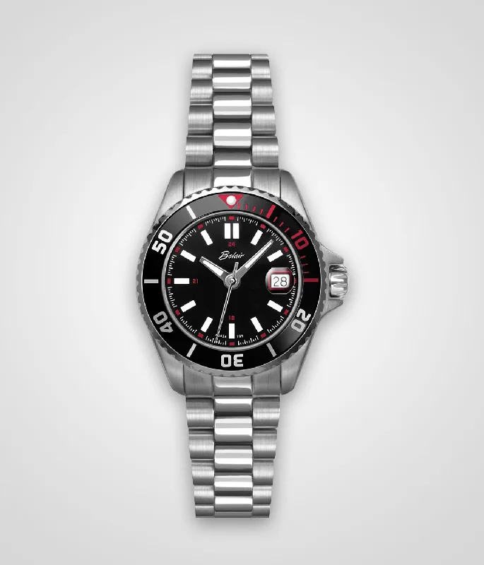 Stainless Steel 30 mm Black Calendar Dial with Red and Black Bezel WR 10atm Screw Down Crown Unidirectional Bezel Sapphire Crystal Sanders Signature Swiss Quartz Watch With Bracelet Band