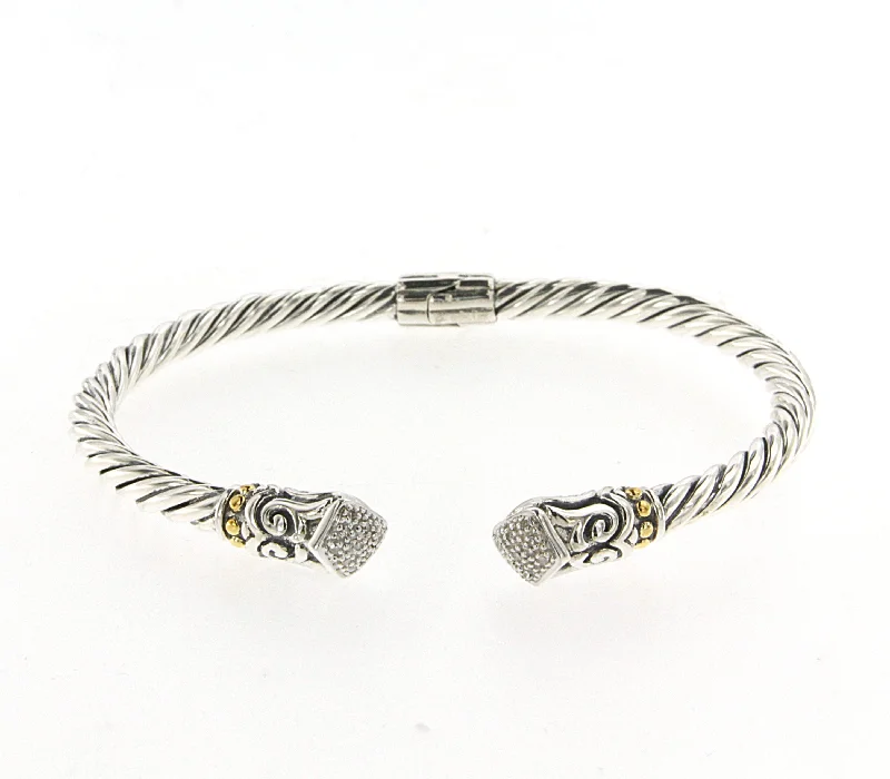 Sterling Silver 18Kt. Yellow Gold 0.08Ctdw Natural Round Diamondtip 4Mm Twisted Cable Hinged Bangle Bracelet