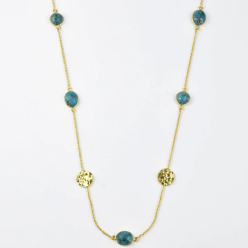 Turquoise Long Necklace w/ Hammered Discs