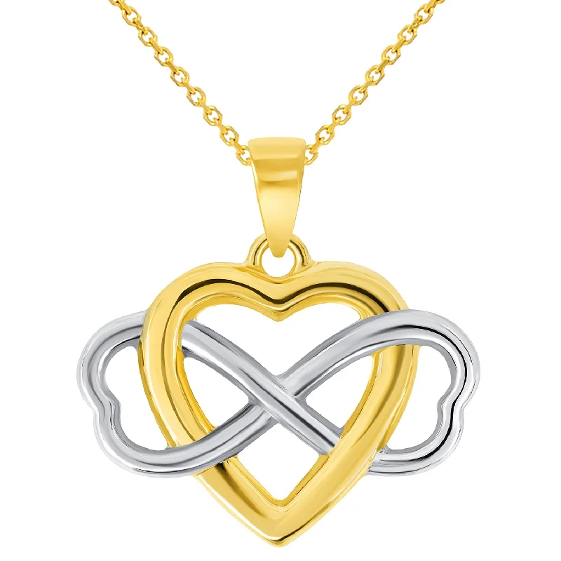 14k Two Tone Gold Interlocking Heart Infinity Love Symbol Pendant with Rolo Cable, Cuban Curb, or Figaro Chain Necklace