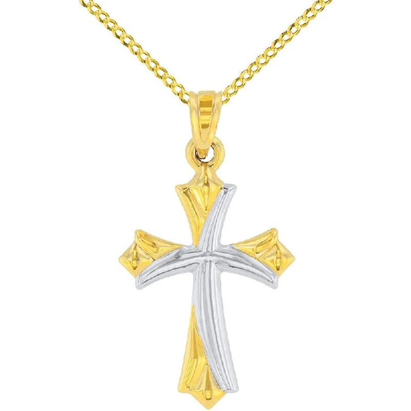 14k Yellow Gold Fleur de Lis Cross Pendant Necklace with Cuban Concave Chain