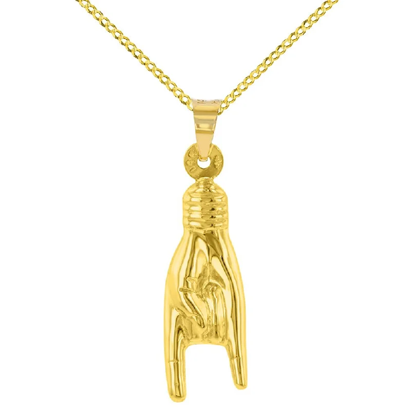 14K Yellow Gold Hand Charm Mano Cornuto Good Luck Sign Pendant Cuban Chain Necklace