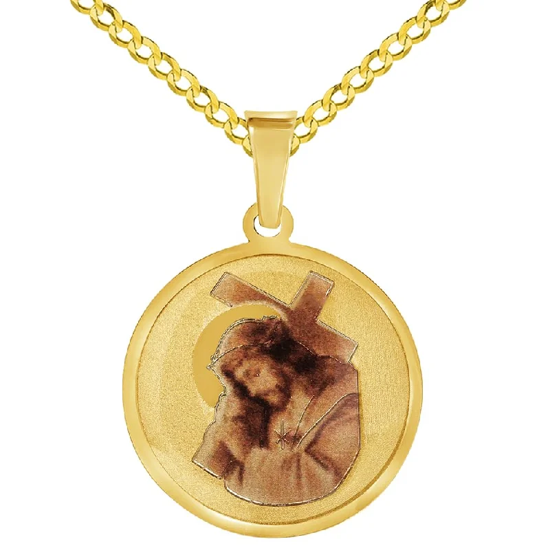 14k Yellow Gold Jesus Christ Carrying the Cross Picture Pendant with Rolo Cable, Cuban Curb, or Figaro Chain Necklace