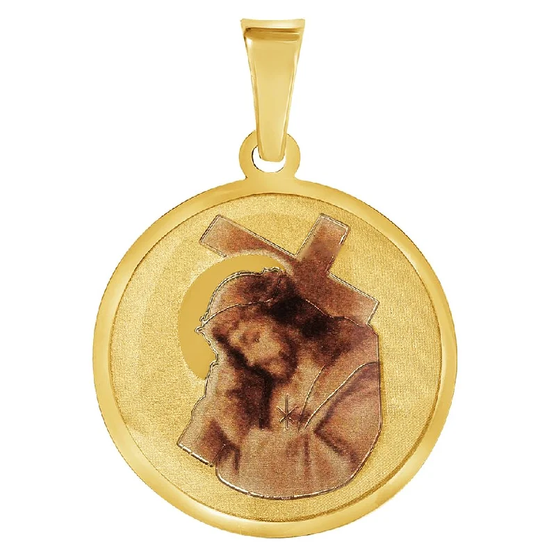 14k Yellow Gold Jesus Christ Carrying the Cross Picture Pendant with Rolo Cable, Cuban Curb, or Figaro Chain Necklace