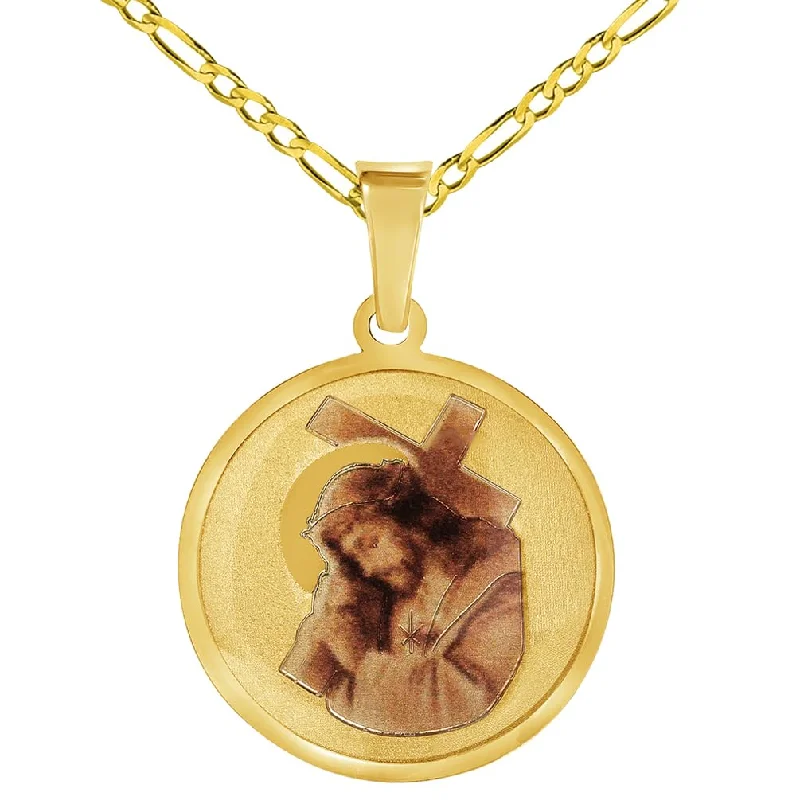 14k Yellow Gold Jesus Christ Carrying the Cross Picture Pendant with Rolo Cable, Cuban Curb, or Figaro Chain Necklace