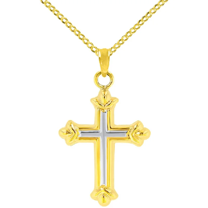 Dainty 14k Yellow Gold Fleur de Lis Cross Pendant Necklace with Cuban Chain