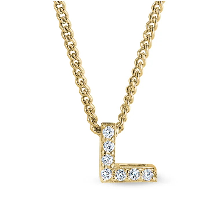 Gold Finish Sterling Silver Micropave L Initial Pendant with Simulated Diamonds on 18