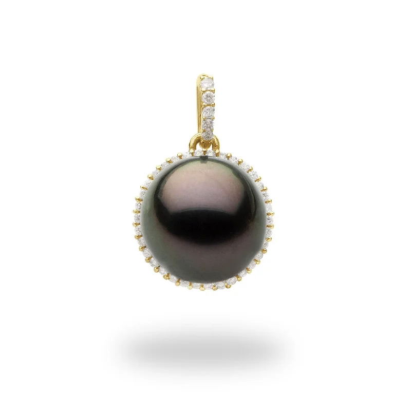 Halo Tahitian Black Pearl Pendant in Gold with Diamond - 10-11mm