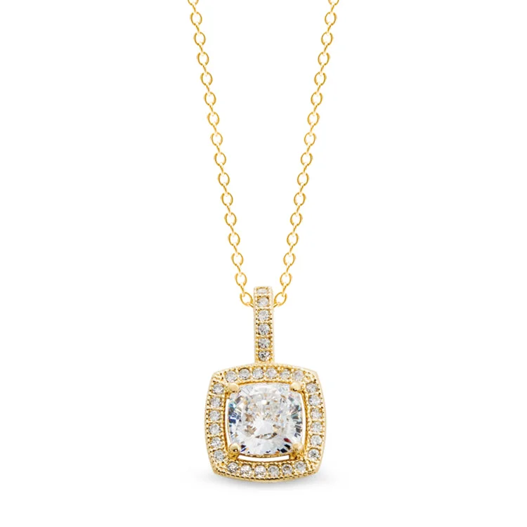 Gold Finish Sterling Silver Micropave Cushion Cut Pendant with 30 Simulated Diamonds on 18