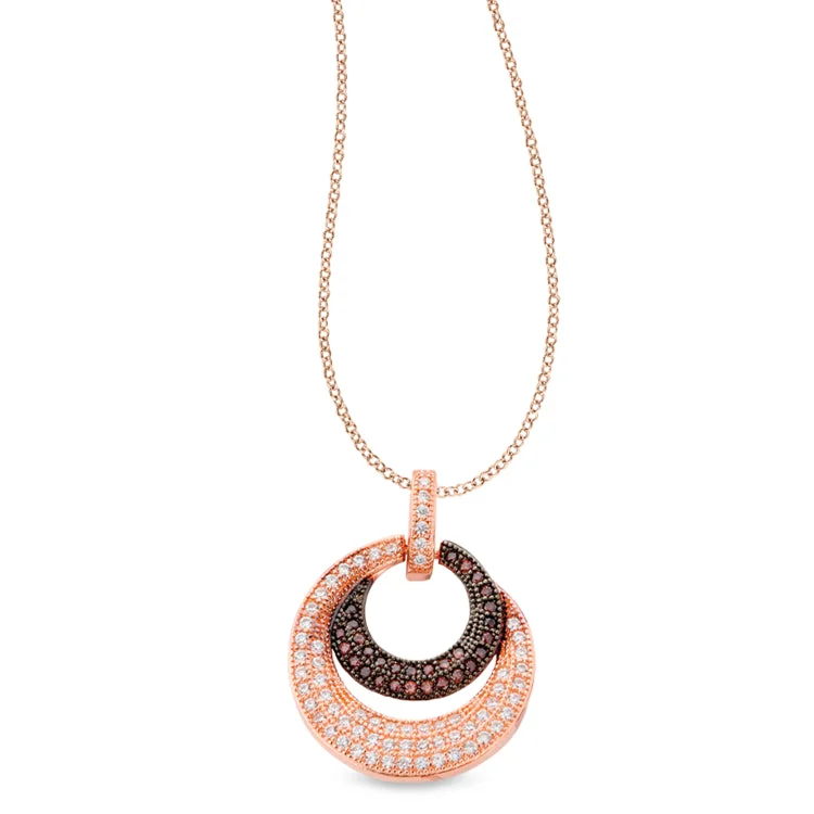 Rose Gold & Black Rhodium Finish Sterling Silver Micropave Pendant with Brown & White Simulated Diamonds on 18