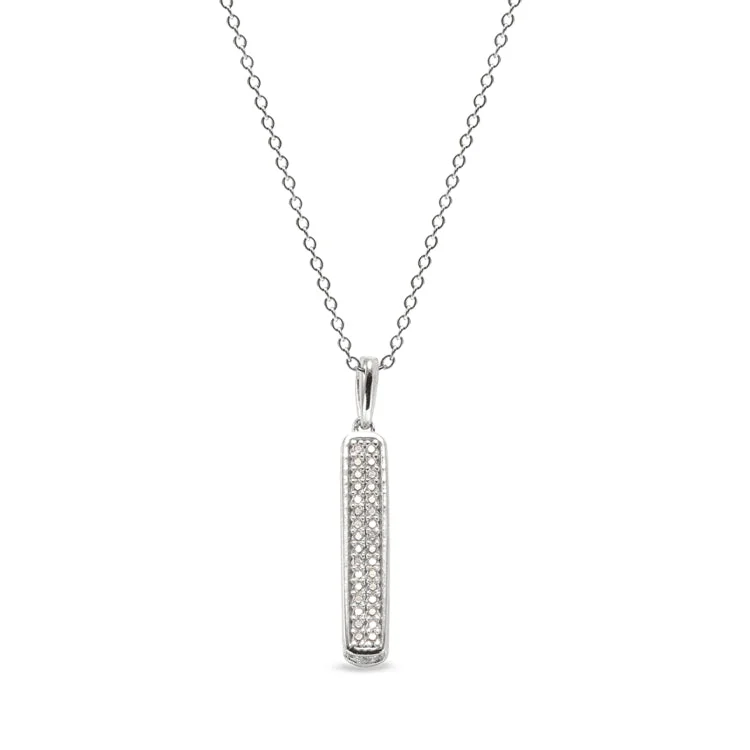 Platinum Finish Sterling Silver Micropave 3 Sided Bar Pendant with Simulated Diamonds on 18